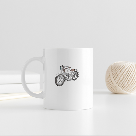 Motif de moto rétro NSU Super Fox sur mug, style vintage.