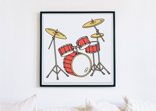 Cadre décoratif avec batterie rouge dynamique style cartoon thème musical
