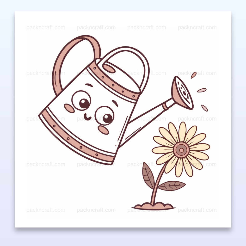 Illustration kawaii d'un arrosoir joyeux arrosant une fleur, idéale pour DIY et papeterie.