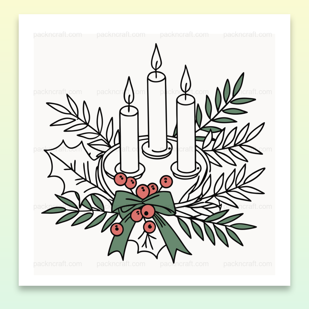 Illustration de bougies entourées de feuillage pour ambiance de Noël, utilisable en décoration festive.