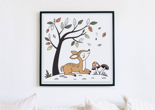 Cadre avec faon rêveur stylisé sous un arbre pastel pour une ambiance automnale