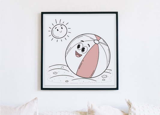 Cadre mural avec une icône de balle de plage joyeuse, style pastel et estival