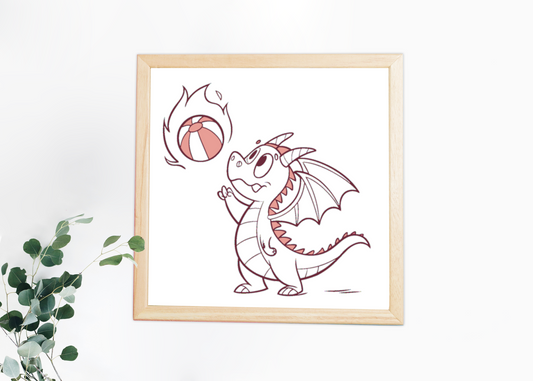 Cadre fantaisie cartoon avec dragon joueur et balle de feu en style coloré et ludique