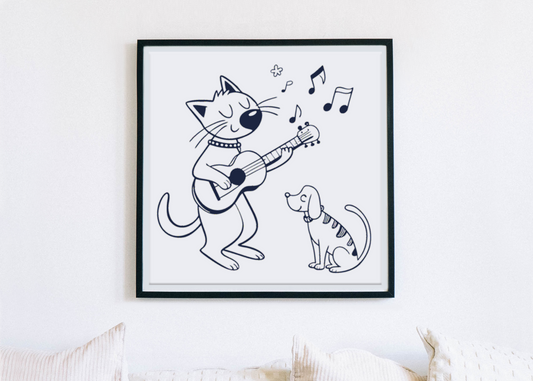 Cadre avec dessin ludique de chat jouant de la guitare et chien joyeux
