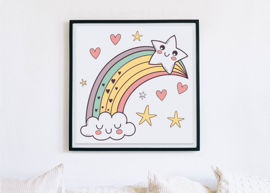 Cadre décoratif enfantin avec motif arc-en-ciel étoilé aux teintes pastel