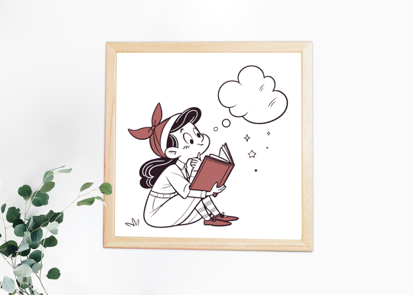 Cadre rétro avec icône digitale d'une fille rêveuse lisant dans un style imaginaire