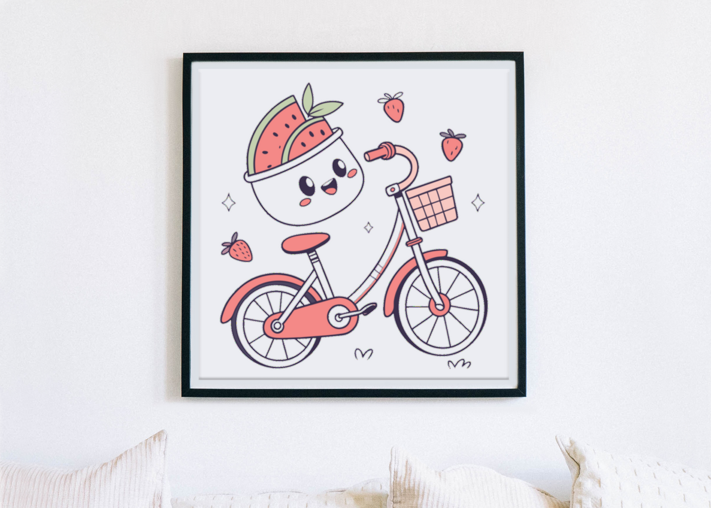 Cadre avec design pastel de vélo et fruits joyeux ambiance estivale cadre déco