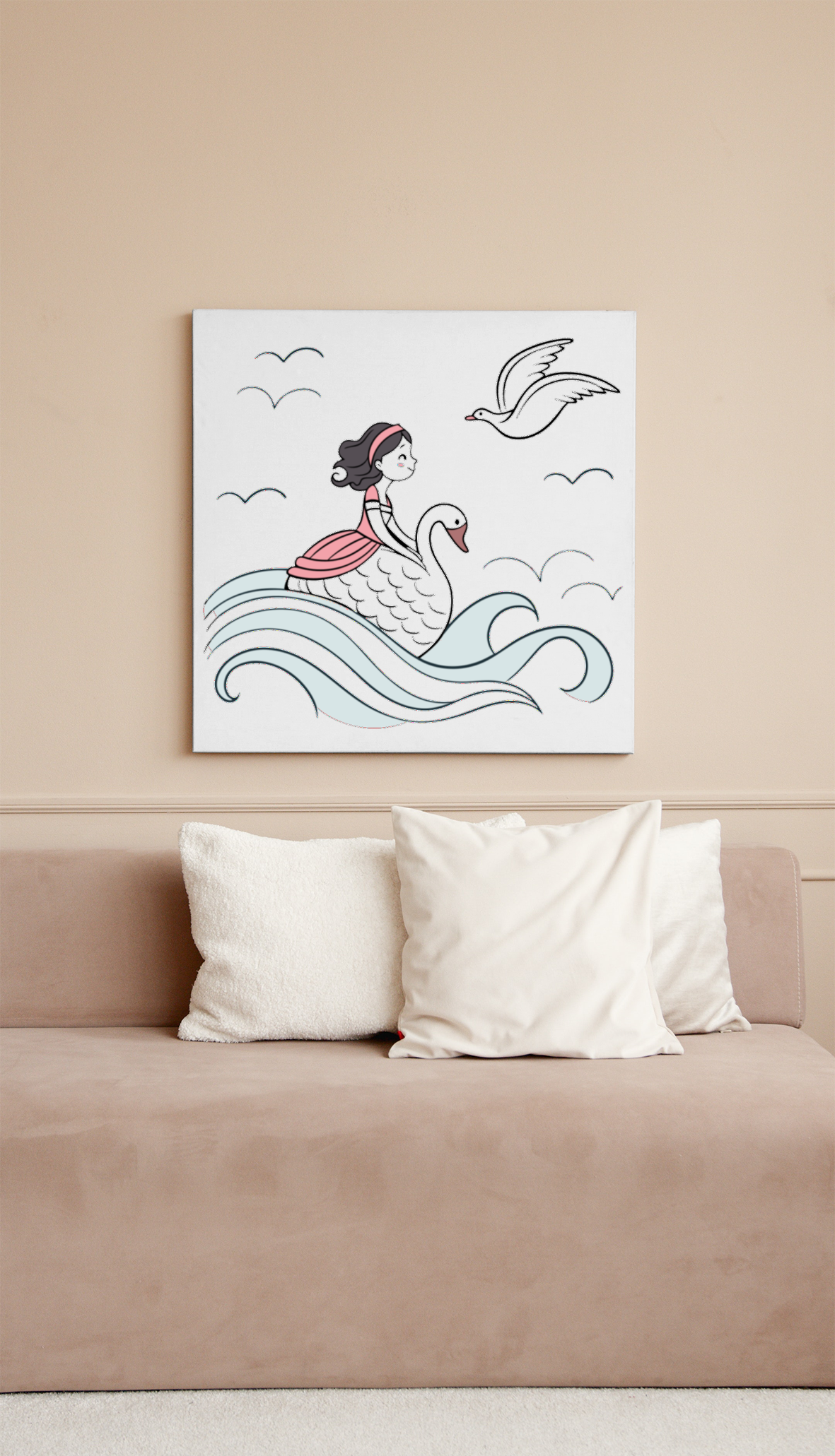 Cadre vibrant avec jeune fille rieuse chevauchant un cygne, ambiance aventureuse