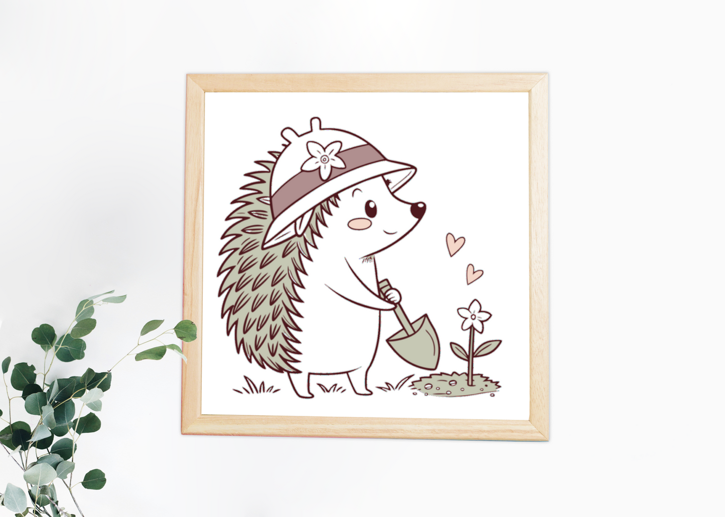 Cadre décoratif avec hérisson jardinier style doodle sur le thème de la nature