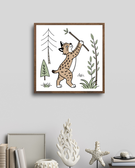 Cadre affichant un lynx joueur dans une forêt, scène animalière naturelle et élégante