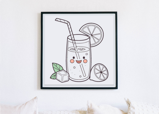 Cadre décoratif au style kawaii montrant un verre de limonade joyeuse, ambiance estivale