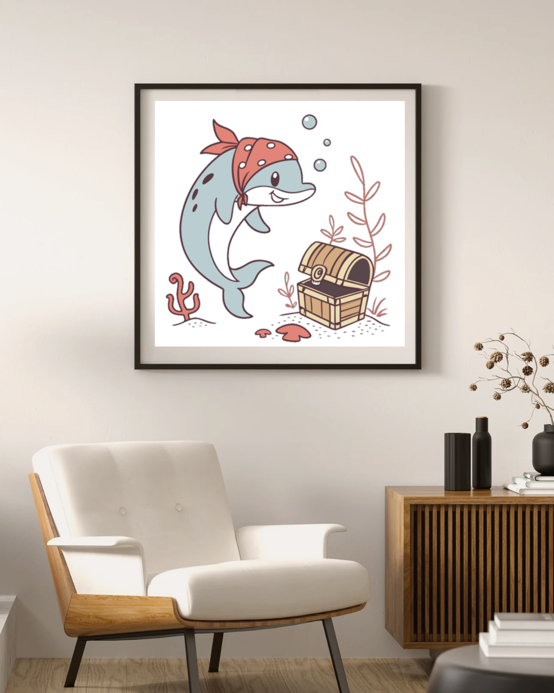 Cadre avec un dauphin pirate kawaii, style aventure marine et trésor caché