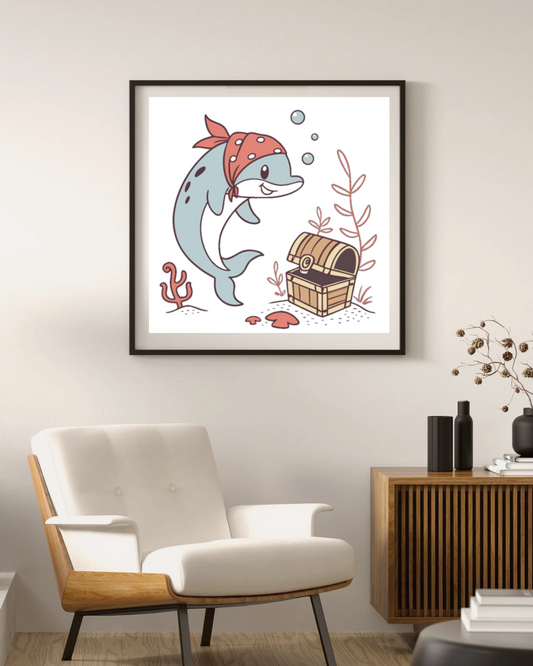 Cadre avec un dauphin pirate kawaii, style aventure marine et trésor caché