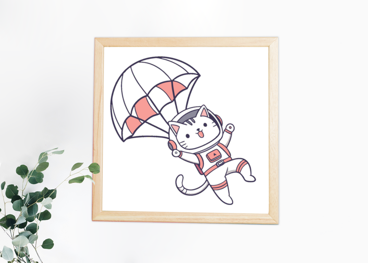 Cadre décoratif avec un chat espiègle volant en parachute dans un style aérien