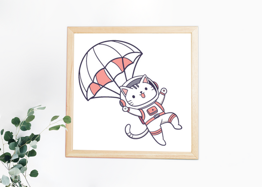 Cadre décoratif avec un chat espiègle volant en parachute dans un style aérien
