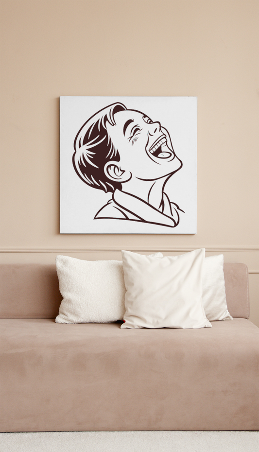 Cadre avec dessin linéaire d'un garçon riant exubéramment sur fond élégant