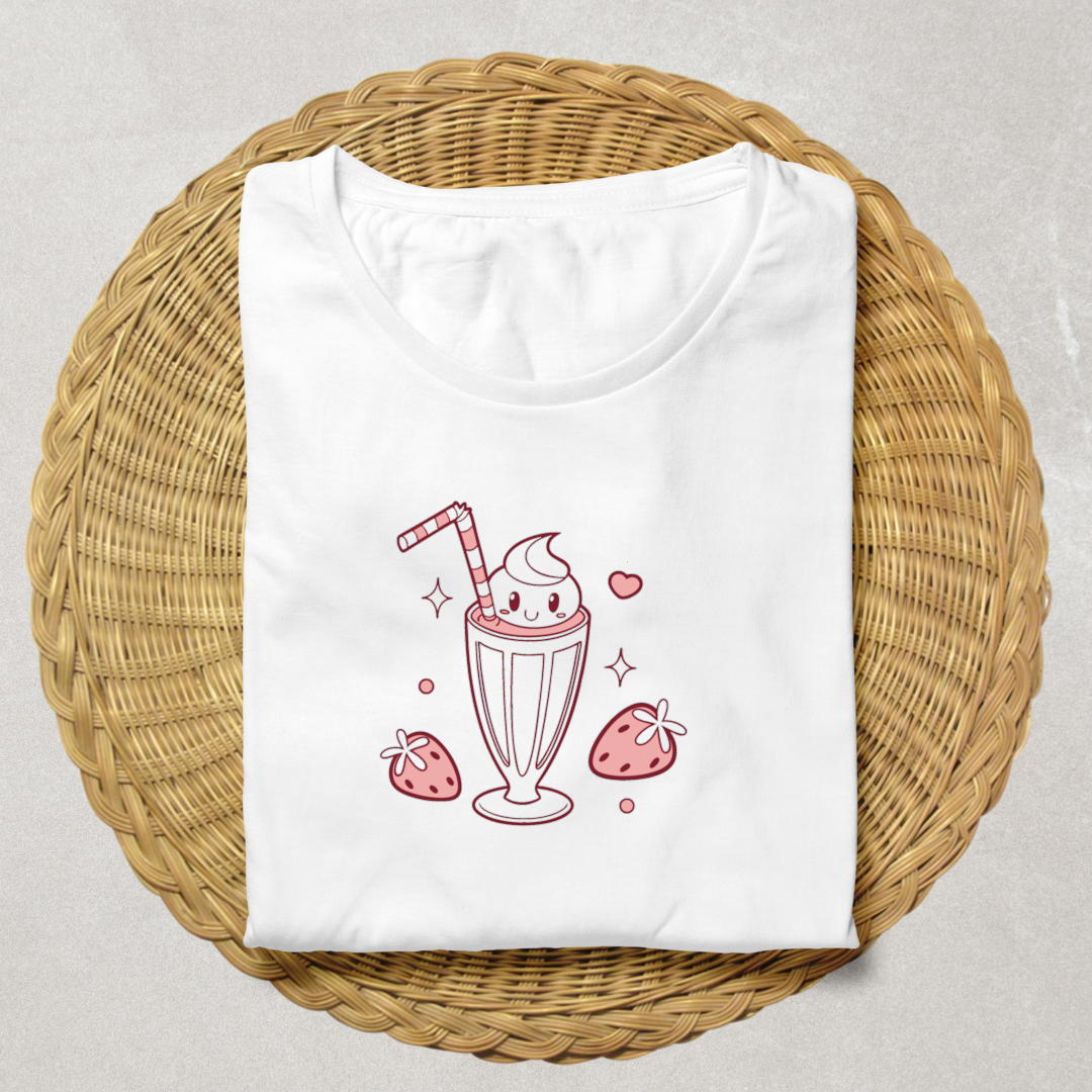 T-shirt illustré milkshake kawaii fraise, style décontracté
