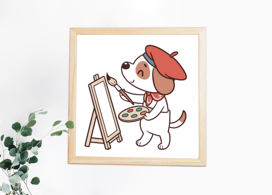 Cadre décoratif avec un chien souriant peintre dans un style kawaii coloré