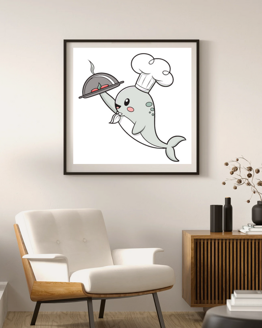 Cadre décoratif avec phoque chef en design pastel pour cuisines créatives