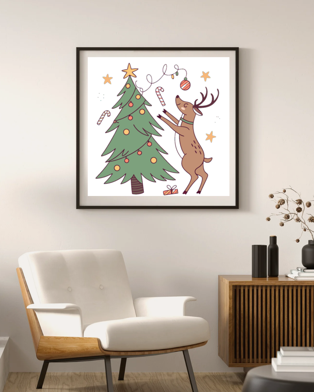 Cadre avec renne joyeux et sapin pour une déco festive à l'ambiance de Noël