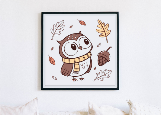 Cadre décoratif avec icône de chouette curieuse automne, ambiance naturelle