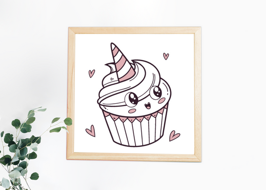 Cadre décoratif avec cupcake licorne joyeux pour une ambiance festive et gourmande