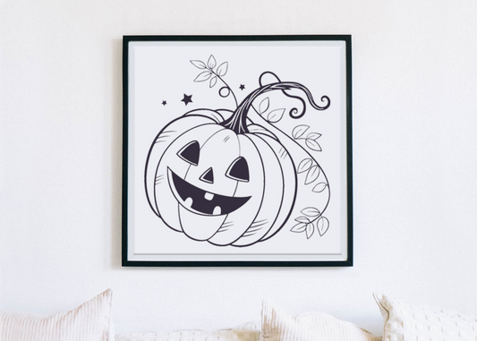 Cadre avec citrouille stylisée monochrome, parfait pour décorer votre espace Halloween