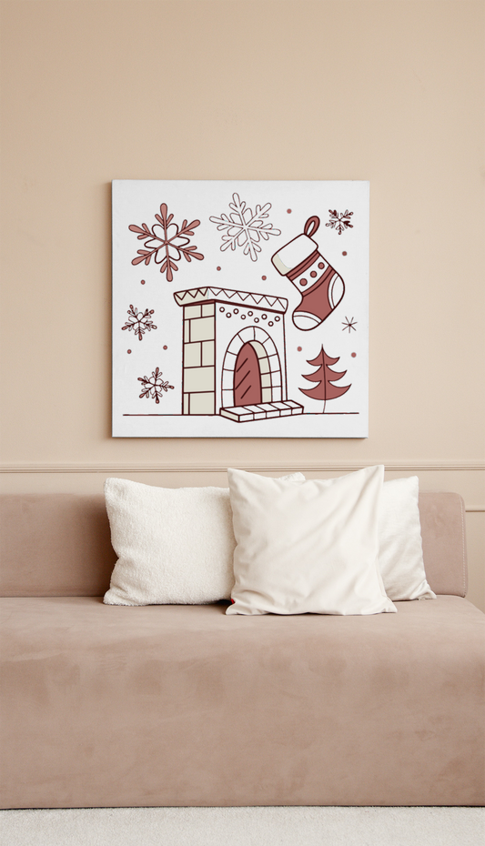 Cadre festif avec cheminée enneigée ornée d'une illustration numérique festive