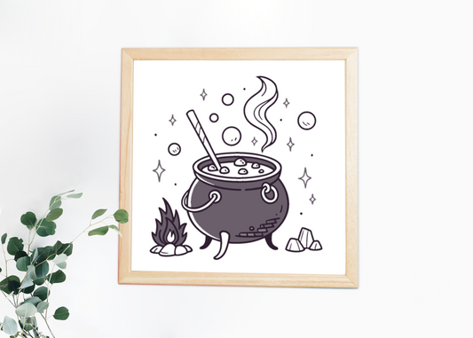 Cadre décoratif avec chaudron magique et design mystique pour un Halloween enchanté