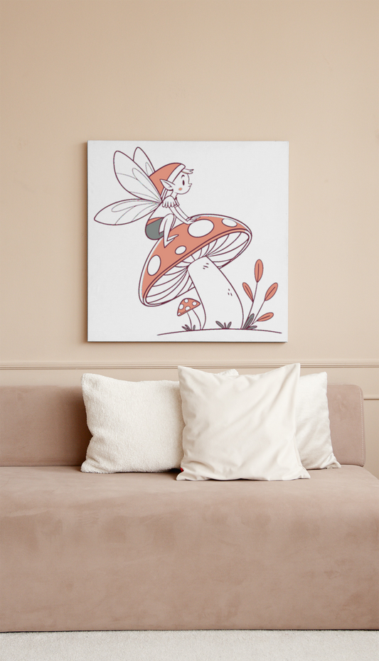Cadre décoratif avec motif de fée rêveuse assise sur un champignon dans un style pastel