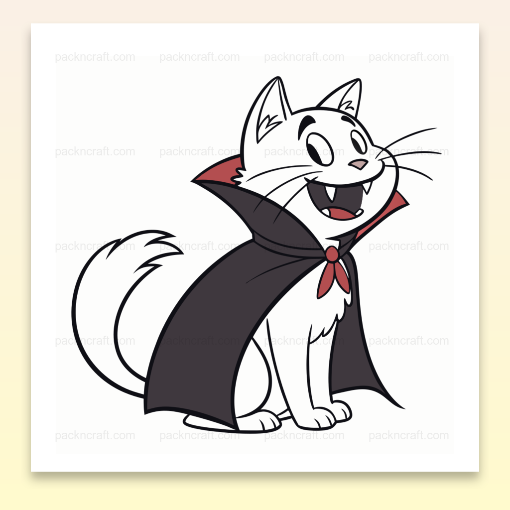 Illustration d'un chat vampire joyeux en style cartoon, parfaite pour Halloween et projets créatifs.