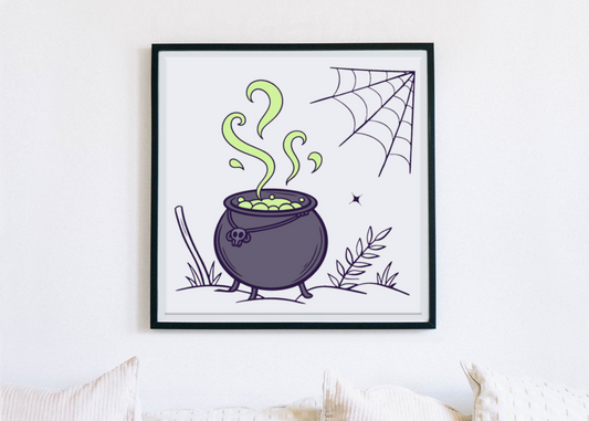 Cadre artistique avec chaudron fumant, ambiance magique, style Halloween