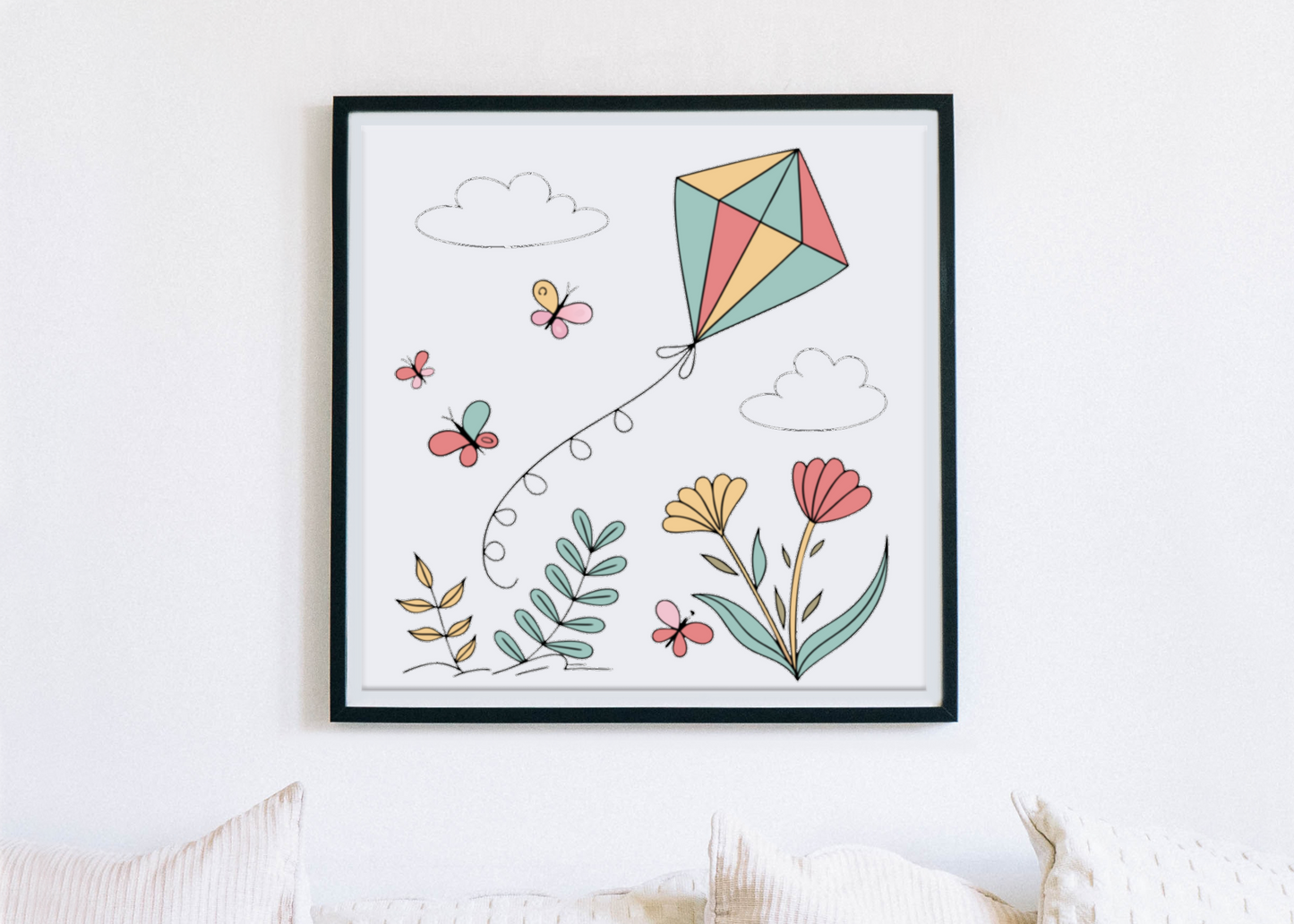 Cadre orné d’un cerf-volant pastel flottant sur fond de jardin printanier dynamique