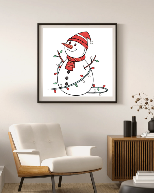 Cadre festif avec bonhomme de neige joyeux sur fond blanc pour Noël enchanté