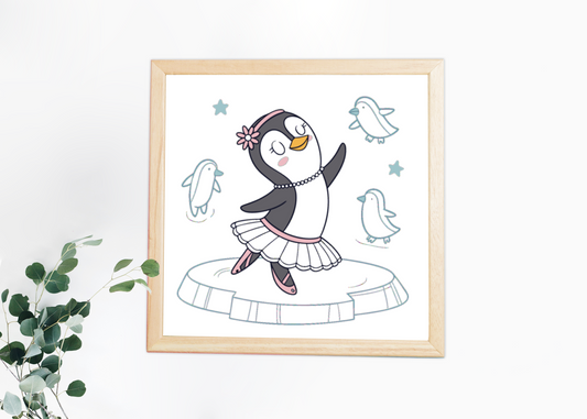 Cadre déco montrant un pingouin dansant joliment illustré dans un style doodle