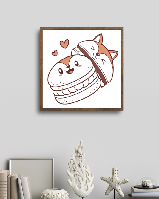 Cadre décoratif avec chien kawaii sur fond gourmand