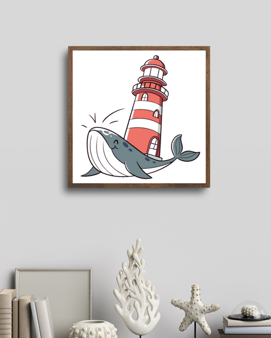 Cadre décoratif affichant une baleine souriante devant un phare dans des tons pastel