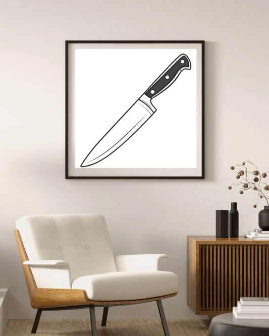 Cadre affichant un couteau de chef épuré sur fond blanc pour une cuisine moderne