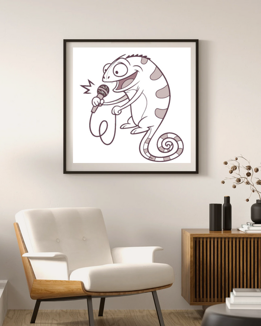 Cadre décoratif avec dessin minimaliste de caméléon sur le thème musical