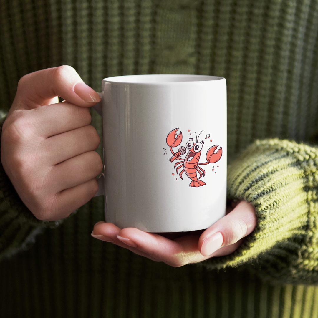 Mug avec écrevisse chantante, design vectoriel amusant et ambiance marine