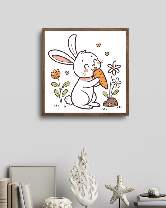Cadre coloré avec lapin kawaii mangeant une carotte sur fond de fleurs printanières