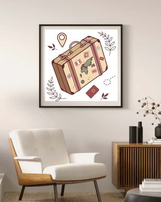 Cadre avec valise pastel stylisée pour amateurs d'exploration et d'aventure