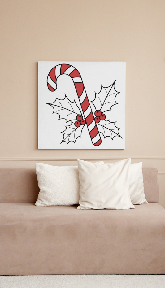 Cadre festif avec bâton de Noël et houx dans un style vintage stylisé