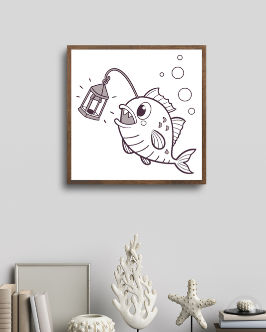 Cadre décoratif avec poisson stylisé joyeux sur fond marin minimaliste