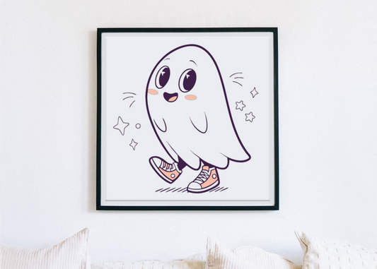 Cadre avec fantôme joyeux style Kawaii sur fond Halloween amusant