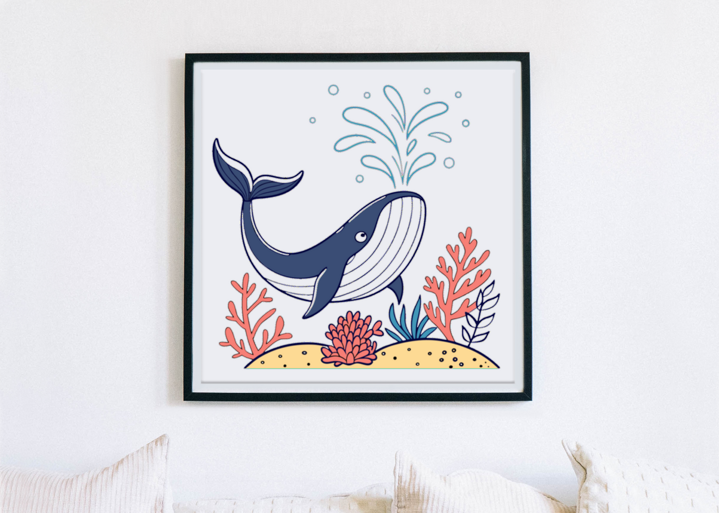 Cadre décoratif avec une baleine joyeuse, scène colorée et vibrante sous l'océan