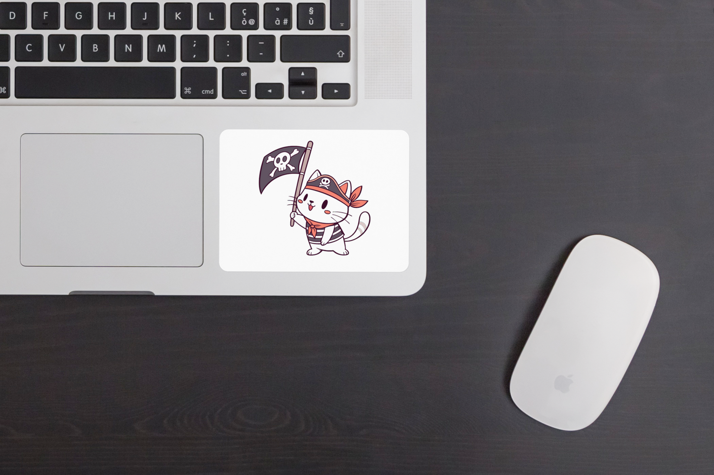 Sticker avec un chat pirate kawaii joyeux en aventure marine style mignon coloré