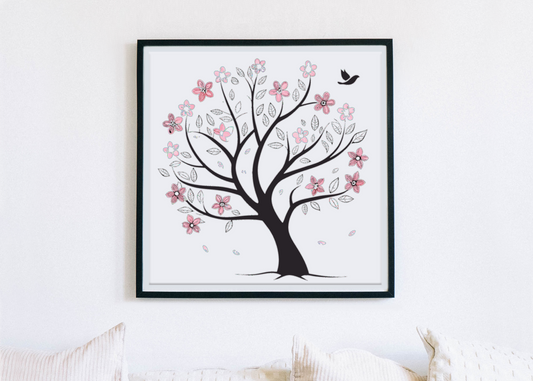 Cadre avec arbre en fleurs au style minimaliste et enchanteur pour le printemps