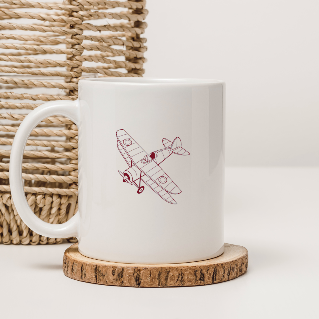 Mug avec icône d'avion vintage en ligne monochrome pour une aventure aérienne
