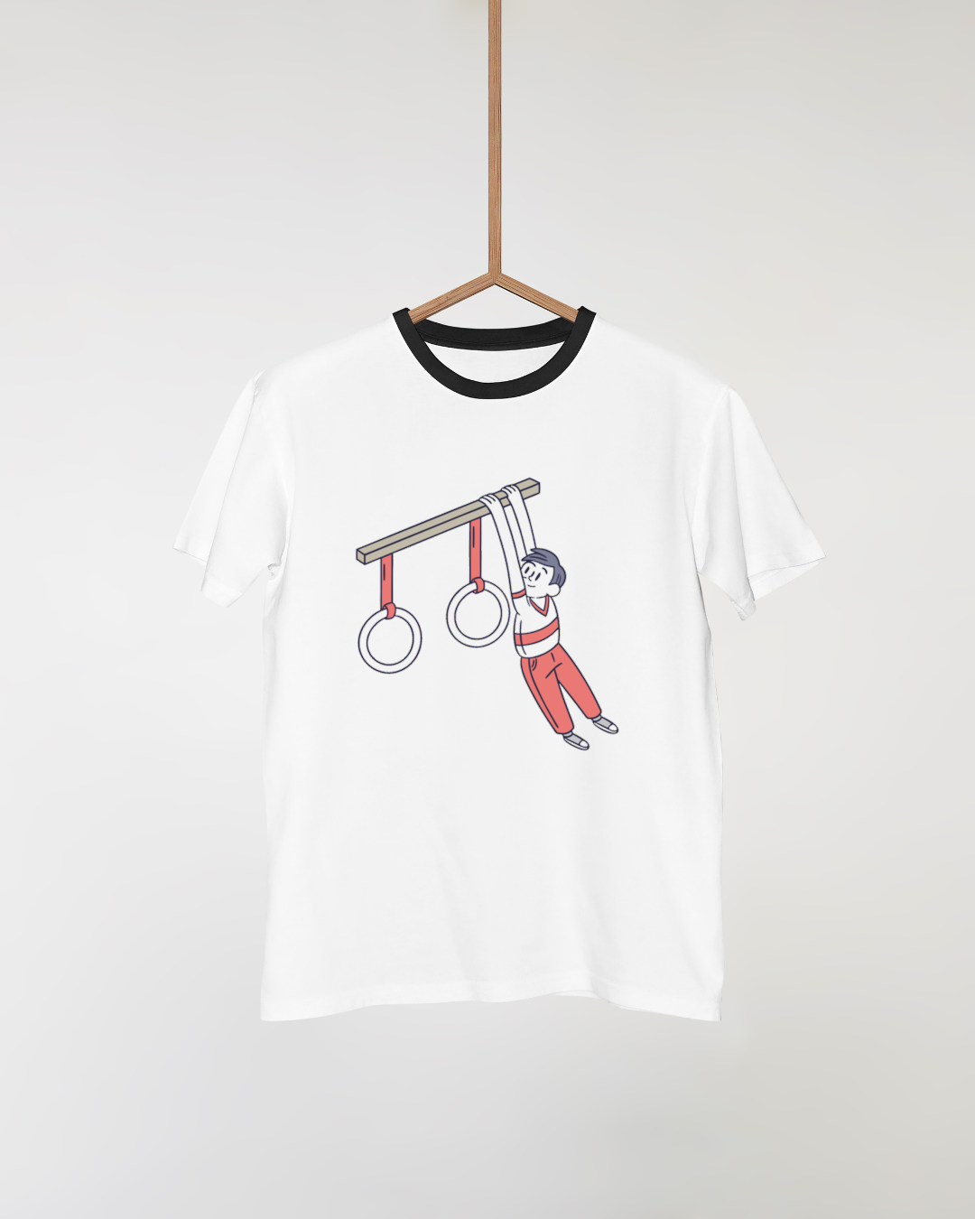 T-shirt avec garçon amusant suspendu à des anneaux en style vectoriel épuré